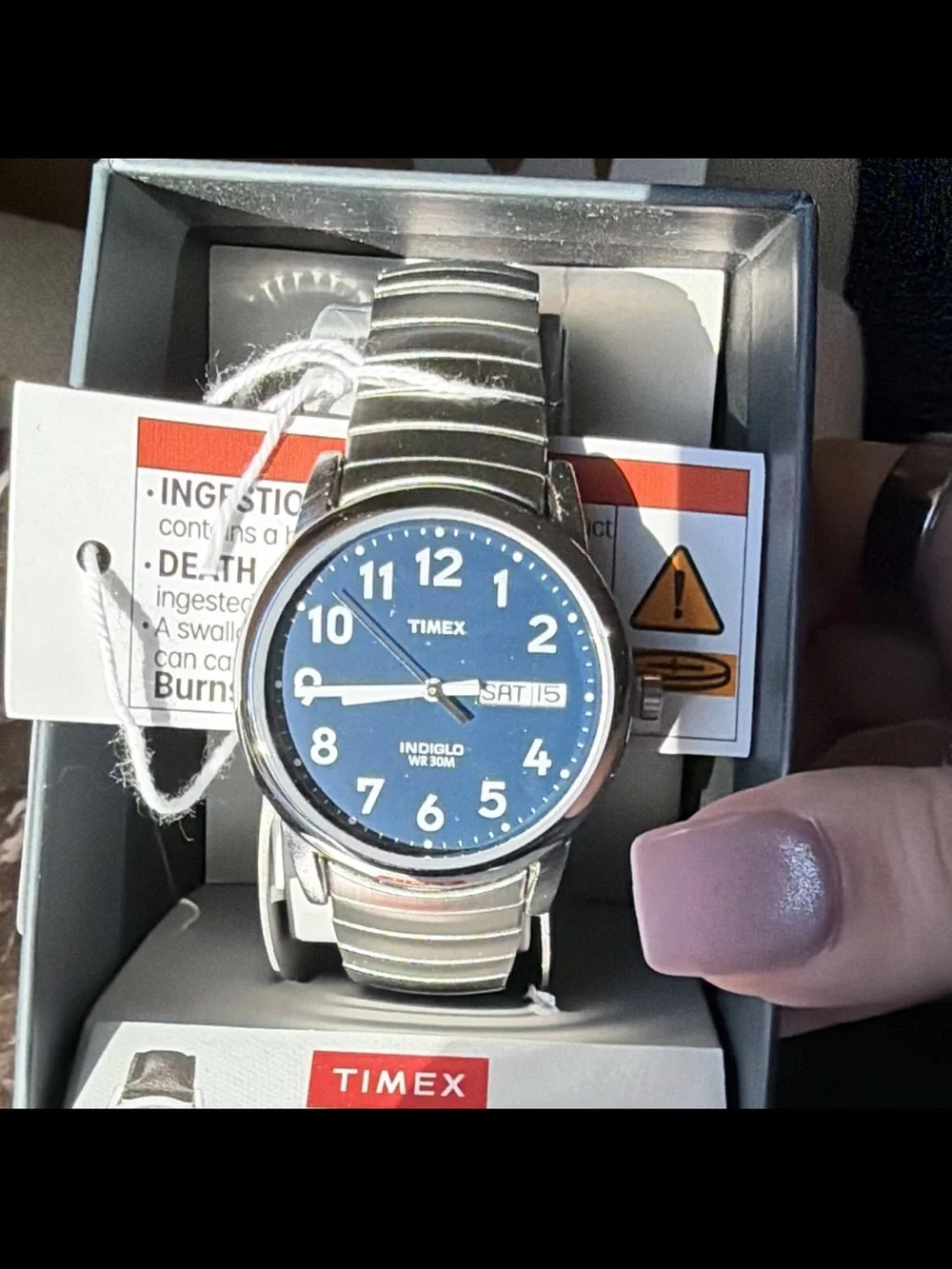 Time. Blue faced silver watch new